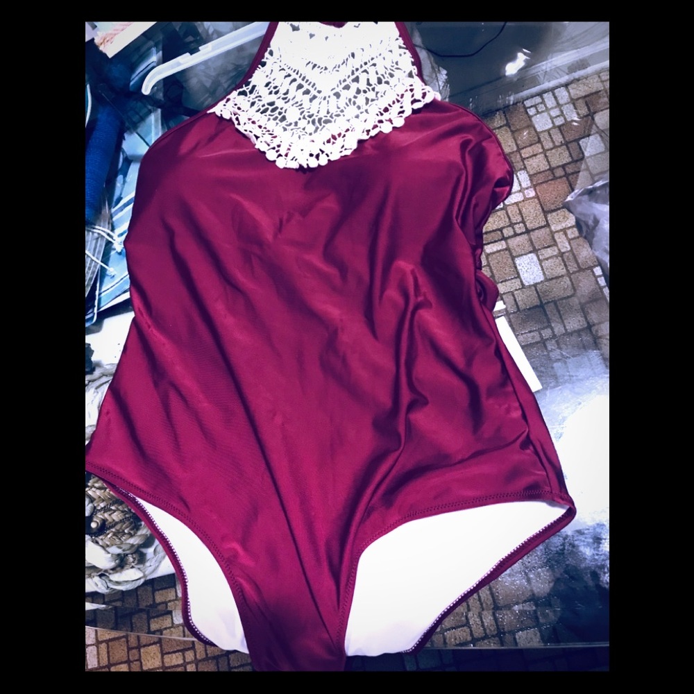 Crochet-Trim One-Piece Swimsuit in Burgundy - Women Swim
